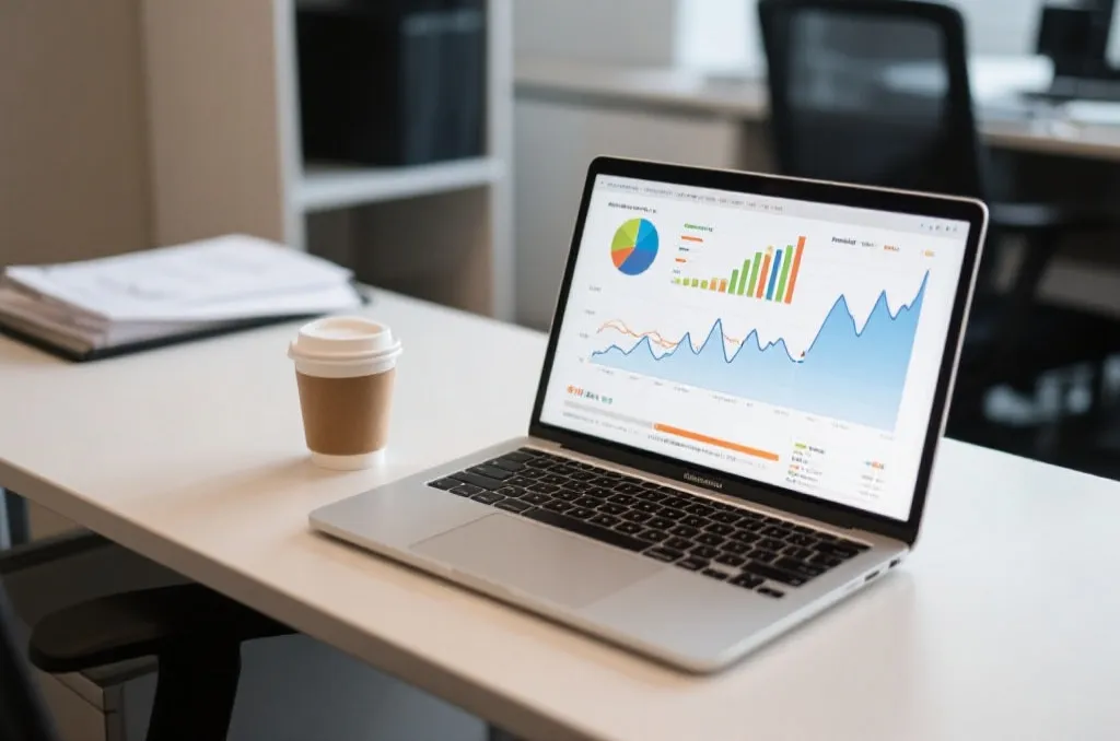 An office workspace with a laptop showing complex financial charts and statistical trend lines, with a cup of coffee nearby